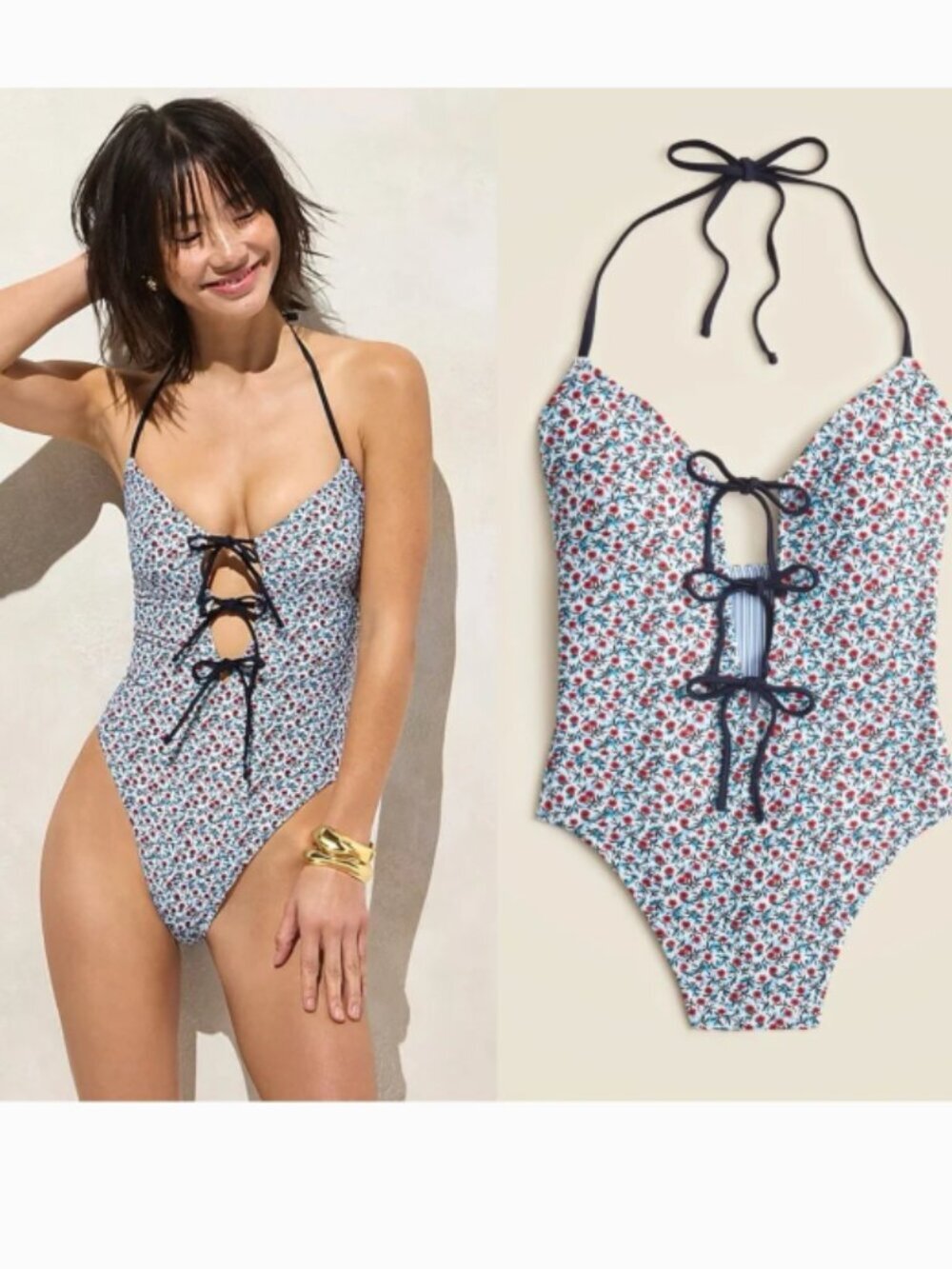 NWT J CREW Tie-front Reversible Halter One-Piece in Blue Red Size 0